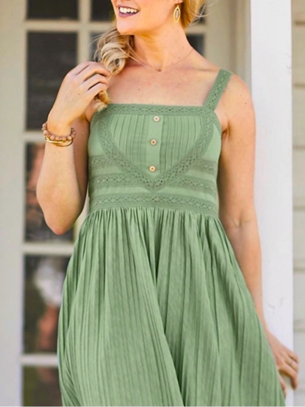 Matilda Jane Joanna Gaines Grass Roots Green Sundress Size S Boho Lace Trim